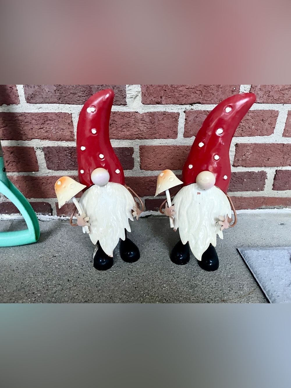 Pair of Red-Hat Gnome Figurines with Mushrooms